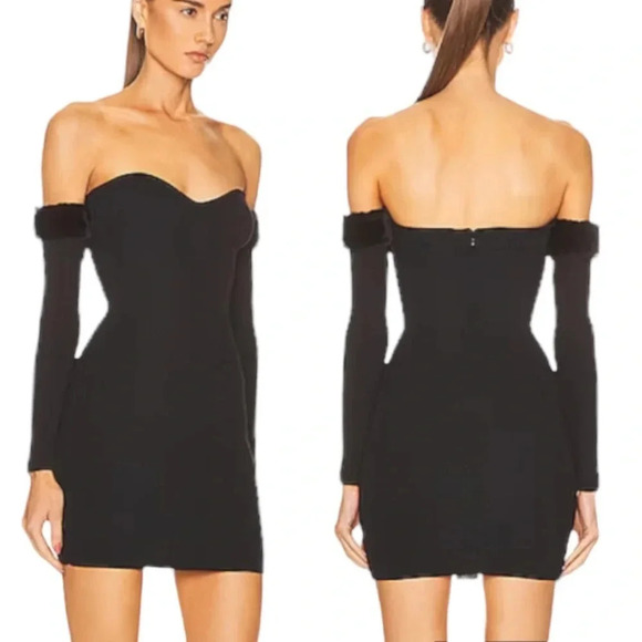 Staud Josee Knit Strapless Mini Dress with Faux Fur Trimmed Sleeves Black M NWT - Picture 1 of 11